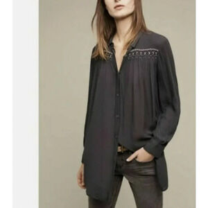 Anthropologie Floreat Blouse XS Blue Tunic Beulah Beaded Embroidered Sheer Boho